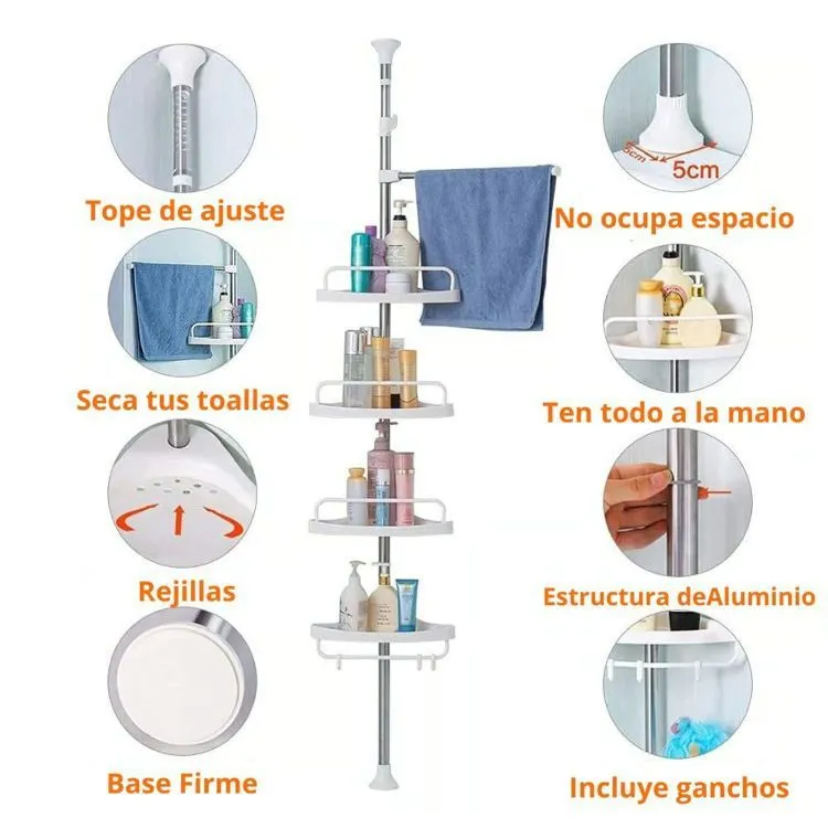 ORGANIZADOR ESQUINERO DE DUCHA 4 PISOS AJUSTABLE HASTA 320 CM — Organizadores de ducha