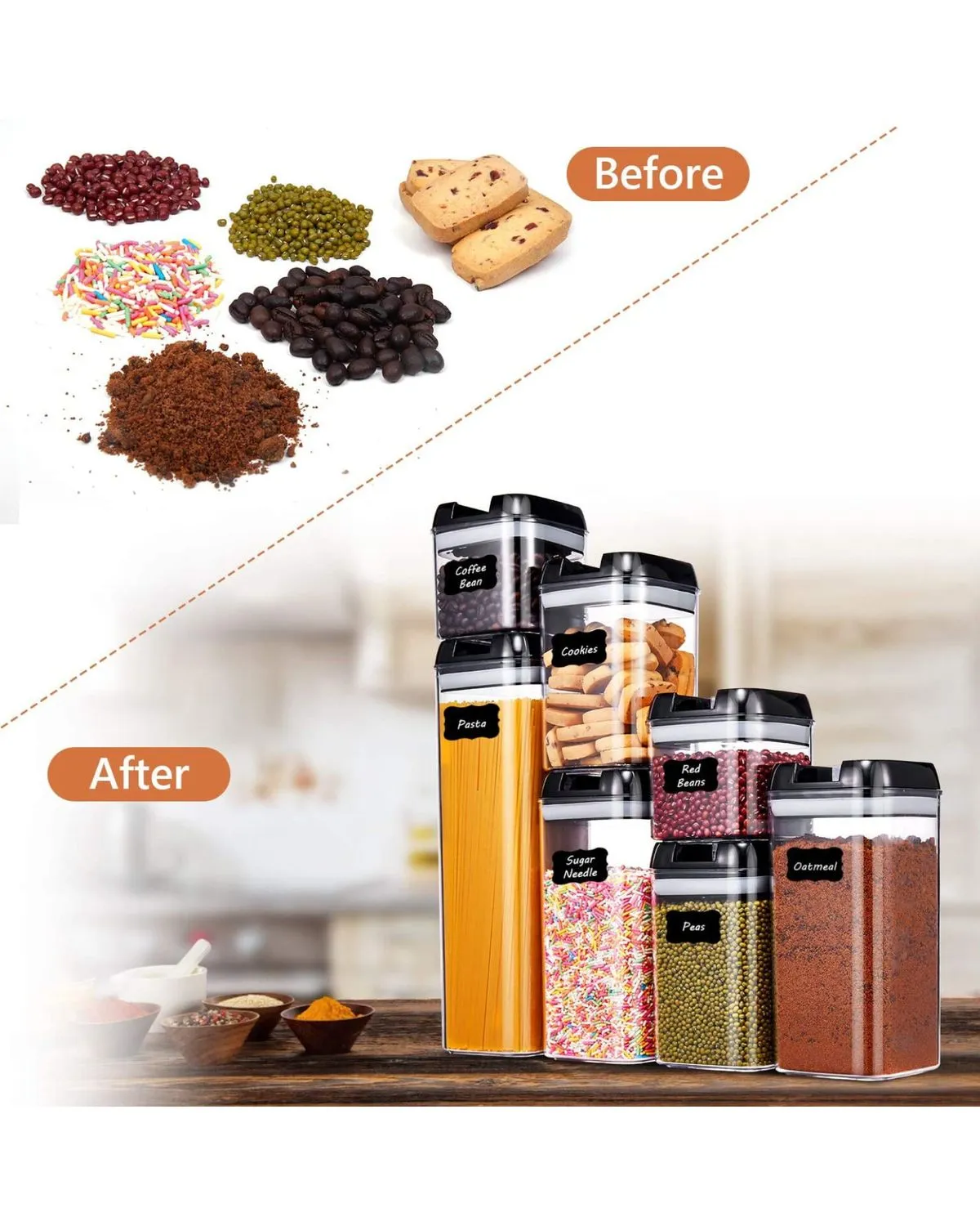 SET DE 07 DISPENSADORES HERMETICOS PARA CEREALES GRANOS MENESTRAS — Organizadores de cocina