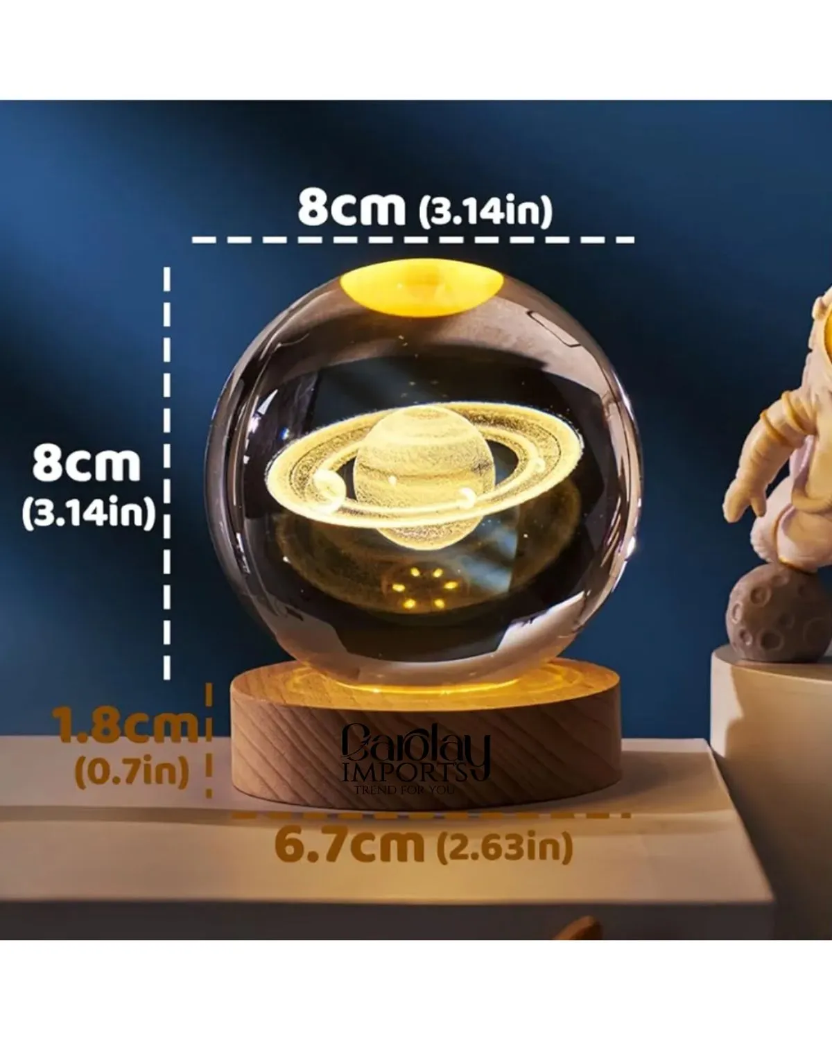 LAMPARA 3D ESFERA CRISTAL SATURNO 8CM LED