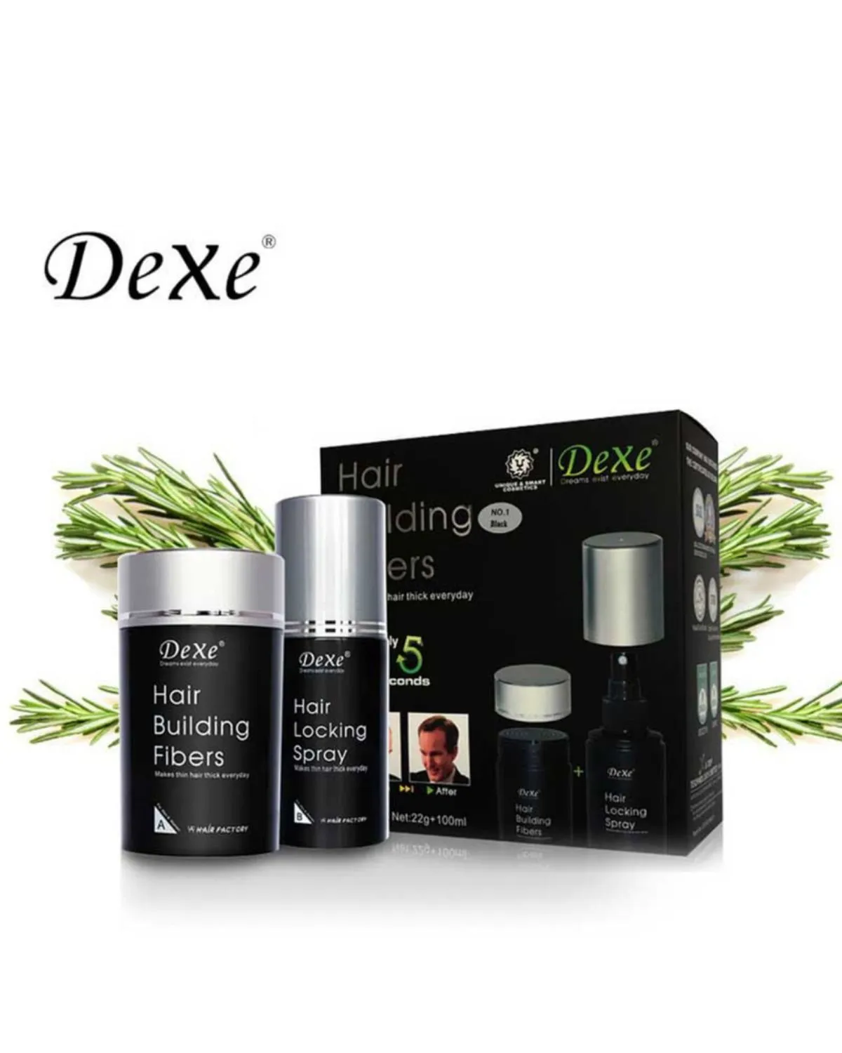 Dexe Fibras Capilares + Spray Fijador de Cabello 3 Pack