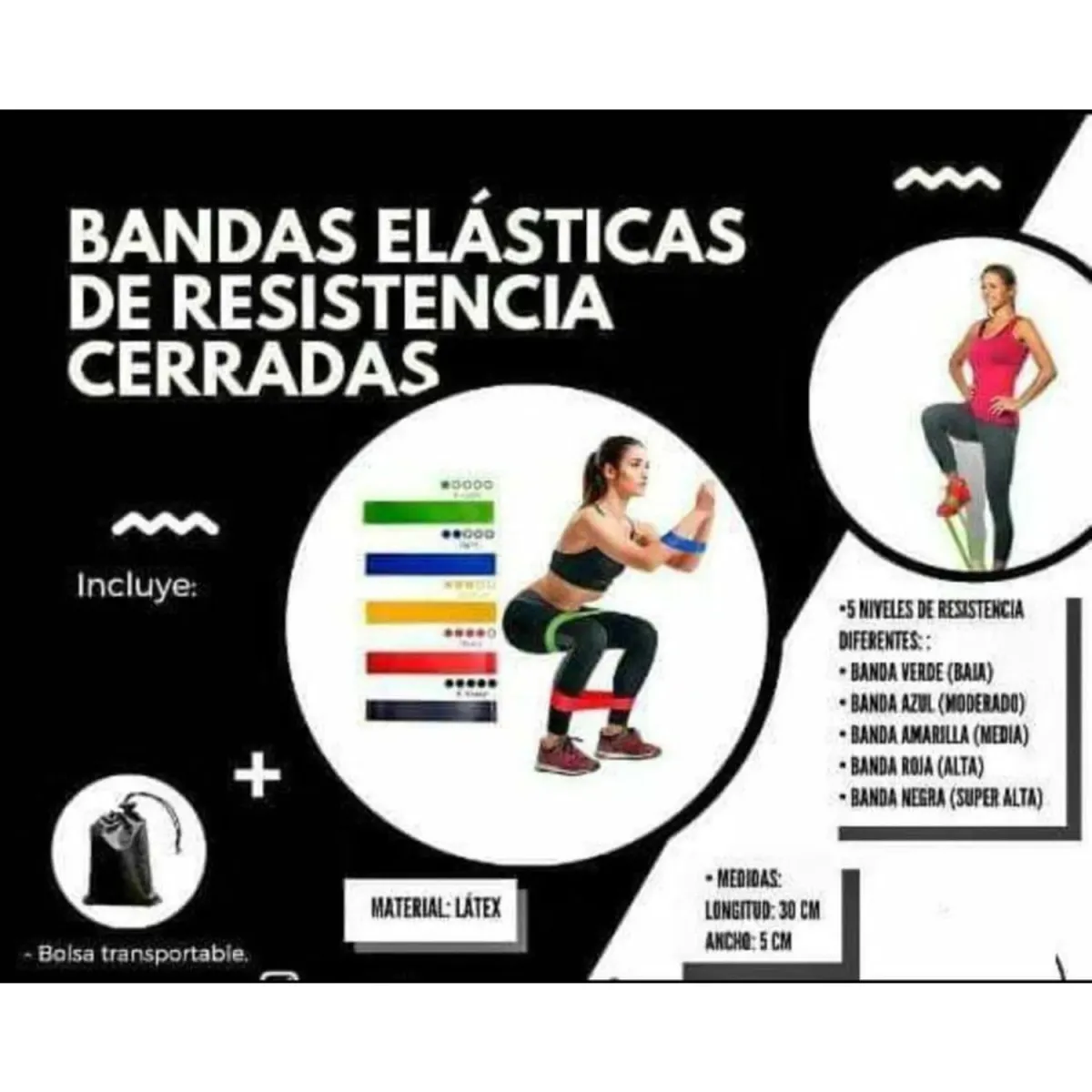 Set 5 bandas de resistencia elasticas ejercicios yoga bolso