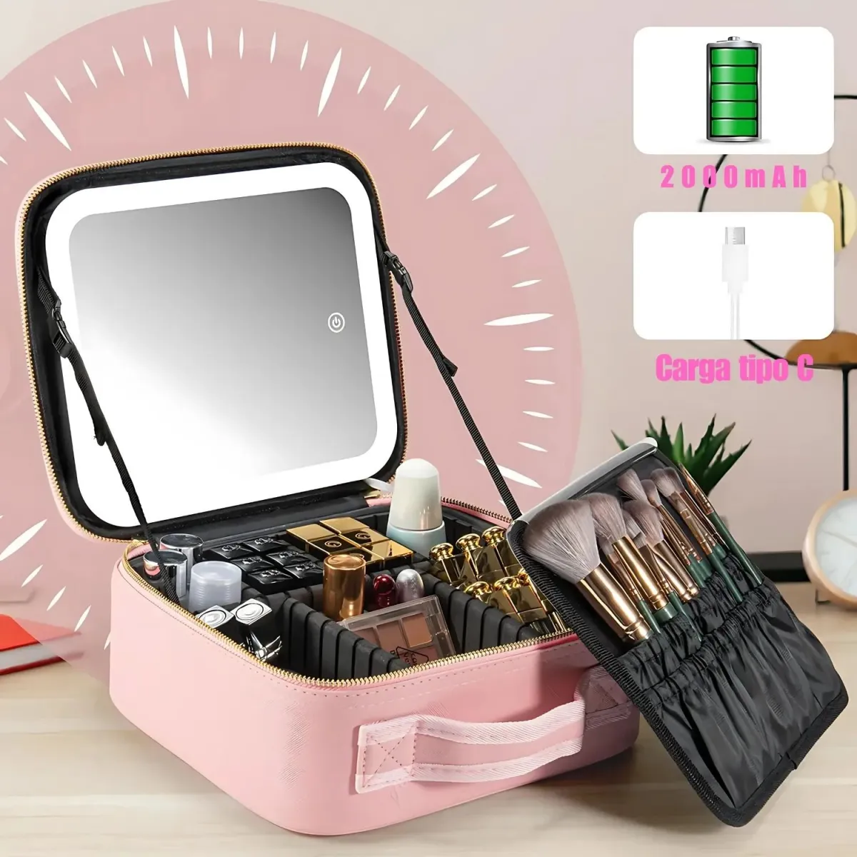 Estuche De Maquillaje Con Espejo Luz Led Cosmetiquera