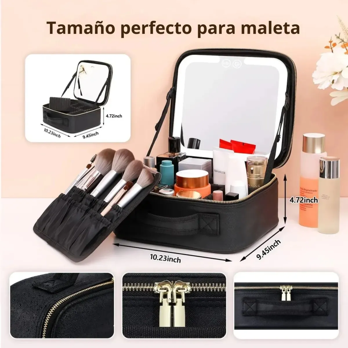 Estuche De Maquillaje Con Espejo Luz Led Cosmetiquera NEGRO
