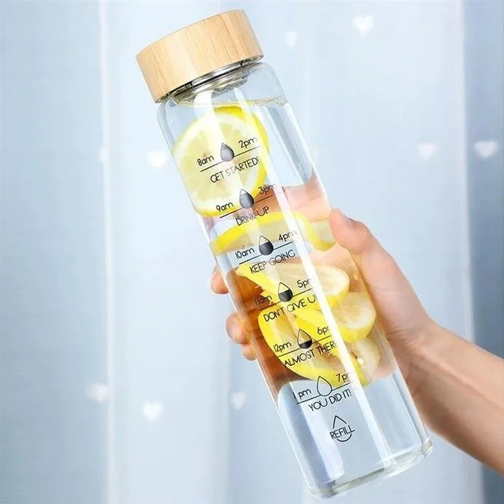 02 Botella de agua de vidrio con marcador de tiempo 1000ml — Utensilios de cocina