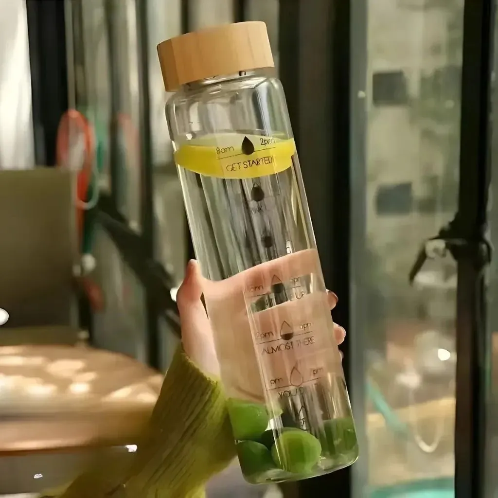 02 Botella de agua de vidrio con marcador de tiempo 1000ml