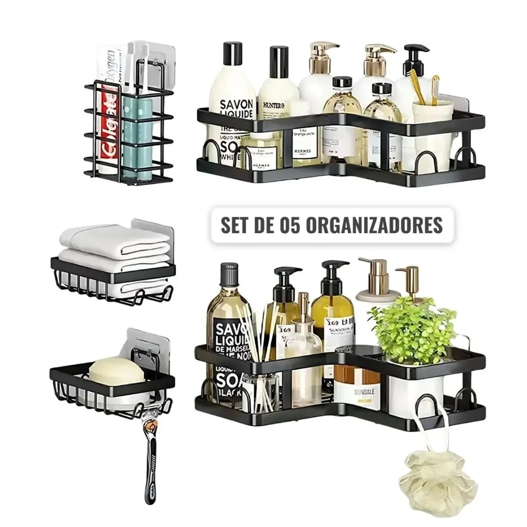 Set 5 Organizadores baño Acero inoxidable anticorrosión sin taladro