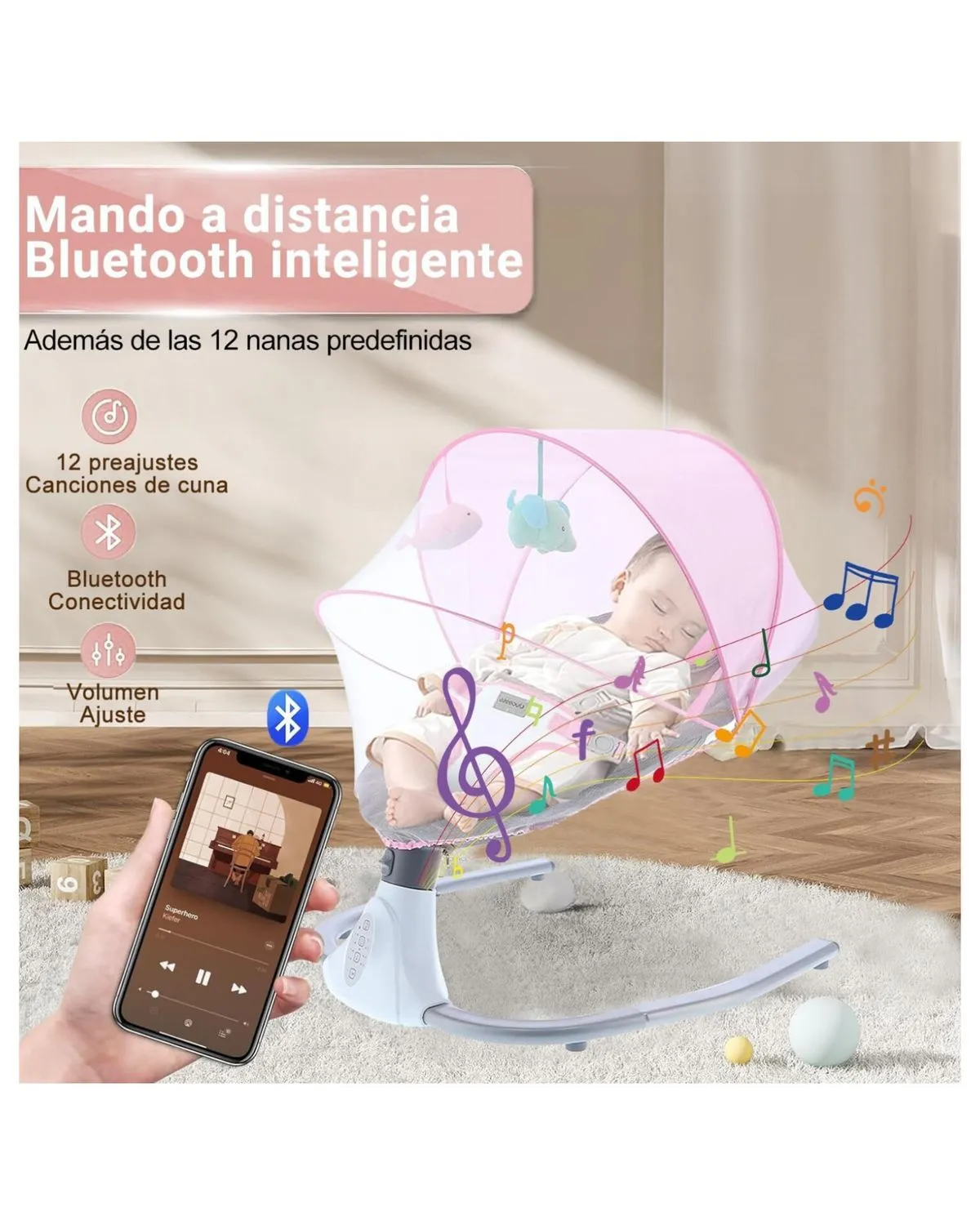 MECEDORA ELECTRICA PARA BEBES A CONTROL REMOTO-BLUETOOH Rosadogriss