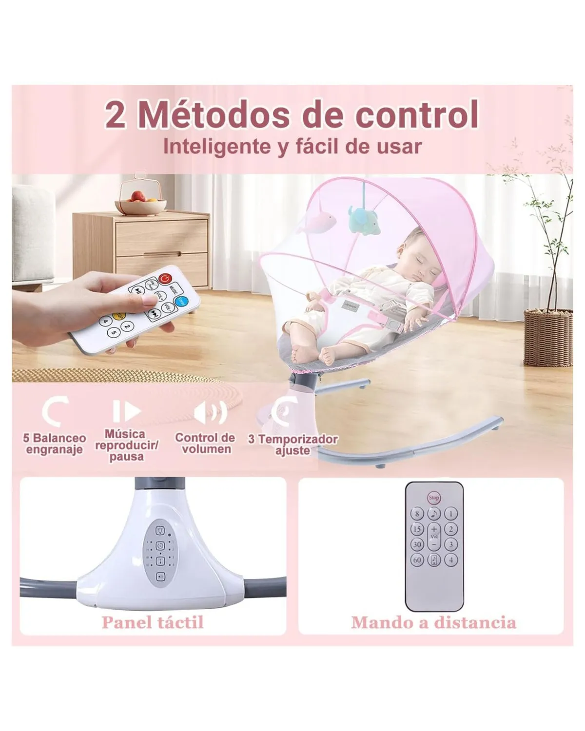 MECEDORA ELECTRICA PARA BEBES A CONTROL REMOTO-BLUETOOH Rosadogriss